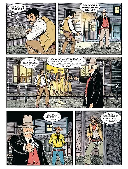 Una tavola di Ugolino Cossu da "Il killer fantasma", testi di Gianfranco Manfredi, colori di Oscar Celestini.