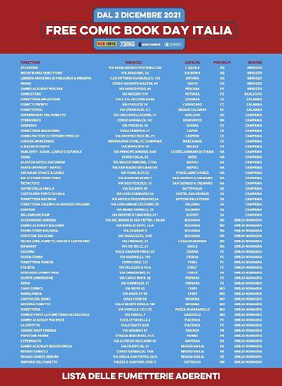 Una pagina con l'elenco delle fumetterie che aderiscono al Free Comic Book Day 2021.