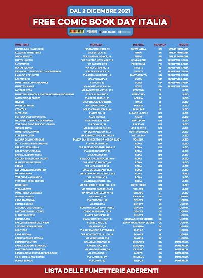 Una pagina con l'elenco delle fumetterie che aderiscono al Free Comic Book Day 2021.