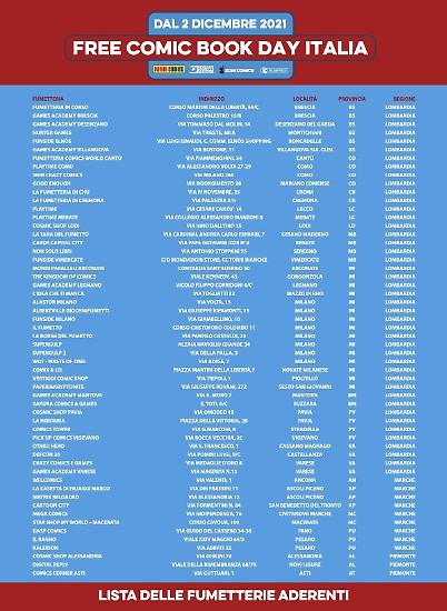 Una pagina con l'elenco delle fumetterie che aderiscono al Free Comic Book Day 2021.