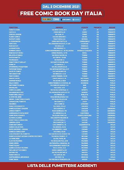 Una pagina con l'elenco delle fumetterie che aderiscono al Free Comic Book Day 2021.