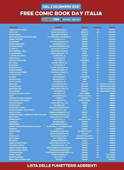 Una pagina con l'elenco delle fumetterie che aderiscono al Free Comic Book Day 2021.