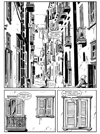 Una tavola di Alessandro Nespolino da "Ponte Sebastiano, asservirvi...", in Il commissario Ricciardi Magazine 2022. Testi di Sergio Brancato.