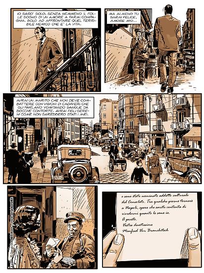 Una tavola di Luigi Siniscalchi da "Il commissario Ricciardi a fumetti: Anime di vetro". Testi di Maurizio de Giovanni e Claudio Falco.