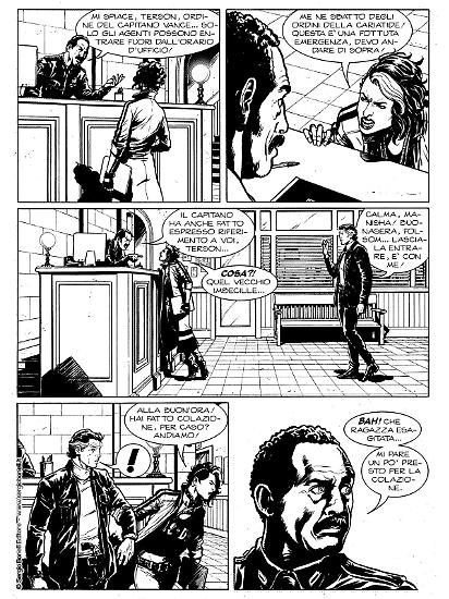 Una tavola di Rosario Raho da "L'uomo dai due volti", Nick Raider le nuove avventure 10. Testi di Giovanni Eccher.