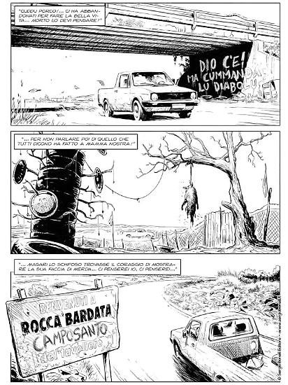 Una tavola di Giuseppe Baiguera da "Nella perfida terra di Dio". Testi di Maurizio Colombo dal romanzo di Omar Di Monopoli.