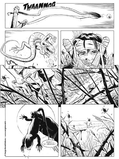 Una tavola di Giuseppe Baiguera da "Nella perfida terra di Dio". Testi di Maurizio Colombo dal romanzo di Omar Di Monopoli.