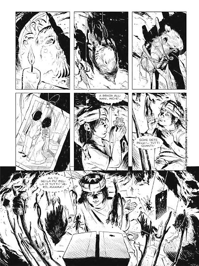 Una tavola di Giuseppe Baiguera da "Nella perfida terra di Dio". Testi di Maurizio Colombo dal romanzo di Omar Di Monopoli.