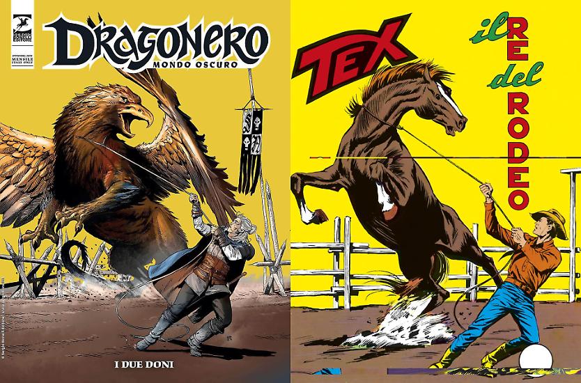 La copertina di Gianluca Pagliarani per "I due doni", Dragonero Mondo Oscuro 12, ispirata a quella di Aurelio Galleppini per "Il re del rodeo"