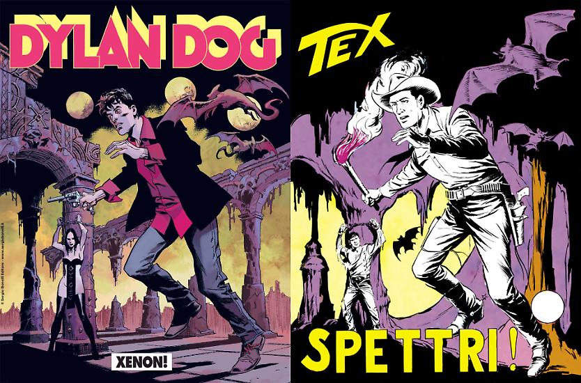 La copertina dei fratelli Cestaro per "Xenon!", Dylan Dog 455, ispirata a quella di Aurelio Galleppini per "Spettri!"