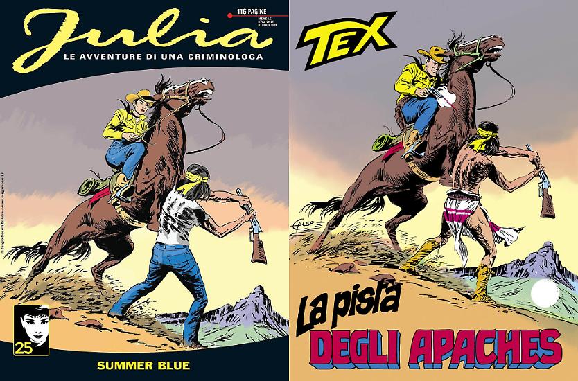 La copertina di Cristiano Spadoni per "Summer Blue", Julia 301, ispirata a quella di Aurelio Galleppini per "La pista degli Apaches"