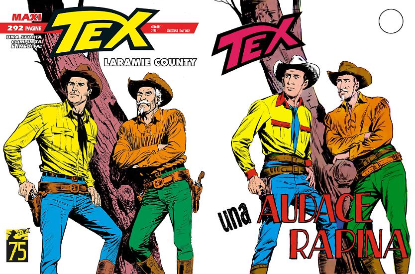 La copertina di Claudio Villa per "Laramie County", Maxi Tex 33, ispirata a quella di Aurelio Galleppini per "Una audace rapina"