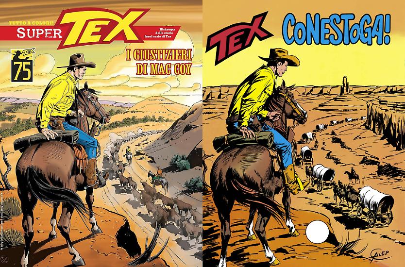 La copertina di Stefano Biglia per "I giustizieri di Mac Coy", SuperTex 24, ispirata a quella di Aurelio Galleppini per "Conestoga!"