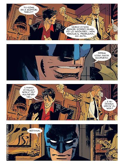 Una tavola di Gigi Cavenago e Werther Dell'Edera da "Dylan Dog Batman. L'ombra del pipistrello". Testi di Roberto Recchioni.