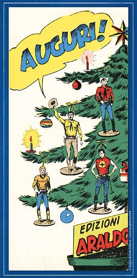 Tex, Piccolo Ranger, Zagor e Tim Carter, in guisa di decorazioni dell'albero, fanno gli auguri ai lettori della Collana del Tex Serie Osages (1964).