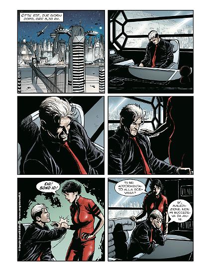 Una tavola di Nathan Never 400, testi di Michele Medda, disegni di Rosario Raho e colori di Elisa Sguanci e Daniele Rudoni.