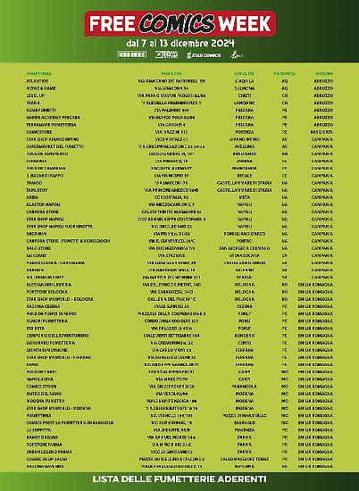 Una parte dell'elenco delle fumetterie che aderiscono all'edizione 2024 della Free Comics Week.