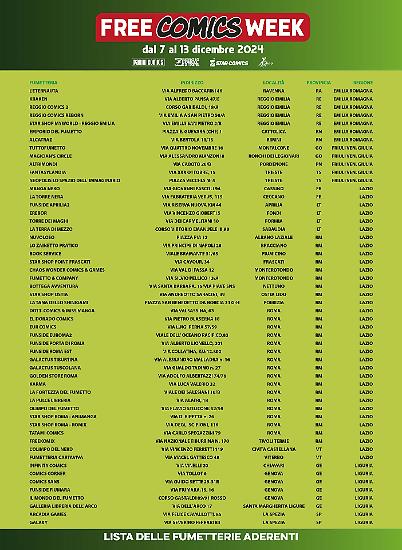 Una parte dell'elenco delle fumetterie che aderiscono all'edizione 2024 della Free Comics Week.