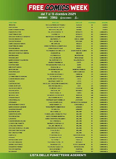 Una parte dell'elenco delle fumetterie che aderiscono all'edizione 2024 della Free Comics Week.