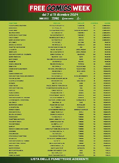 Una parte dell'elenco delle fumetterie che aderiscono all'edizione 2024 della Free Comics Week.