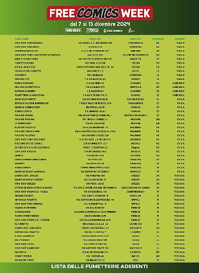 Una parte dell'elenco delle fumetterie che aderiscono all'edizione 2024 della Free Comics Week.