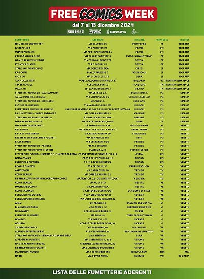 Una parte dell'elenco delle fumetterie che aderiscono all'edizione 2024 della Free Comics Week.