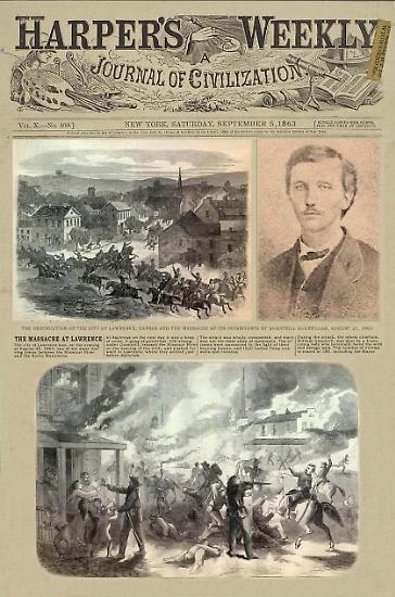 La pagina di "Harper's Weekly" del 5 settembre 1863 dedicata al massacro di Lawrence e alla morte del leader dei ribelli.
