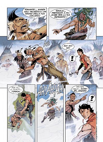 Una tavola di Darko Perovic da "Zagor. Le Origini - La Lega delle Sei Nazioni". Colori di Daniele Caramanico e Viola Coldagelli.