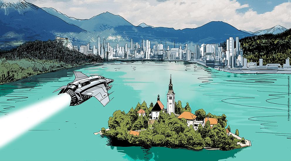 Un flyer sorvola il lago di Bled in Slovenia. Illustrazione di Romeo Toffanetti.