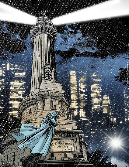 Il Faro della vittoria a Trieste sferzato da una tempesta, nell'immagine illustrata da Romeo Toffanetti.