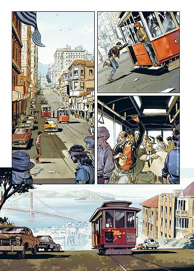 Una tavola di Revolution: California. Testi di Michele Masiero, disegni di Alessio Avallone, colori di Giovanna Niro e Stefania Aquaro.