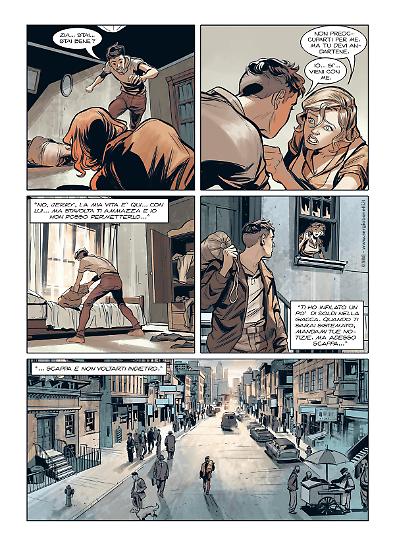 Una tavola di Revolution: California. Testi di Michele Masiero, disegni di Alessio Avallone, colori di Giovanna Niro e Stefania Aquaro.