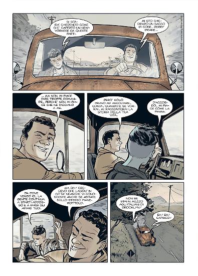 Una tavola di Revolution: California. Testi di Michele Masiero, disegni di Alessio Avallone, colori di Giovanna Niro e Stefania Aquaro.