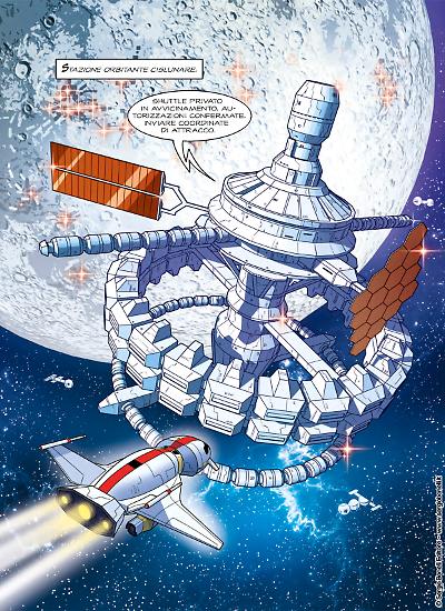 Una tavola tratta da Nathan Never. I Naufraghi della Luna. Disegni di Sergio Giardo, colori di Romina Denti, testi di Bepi Vigna.