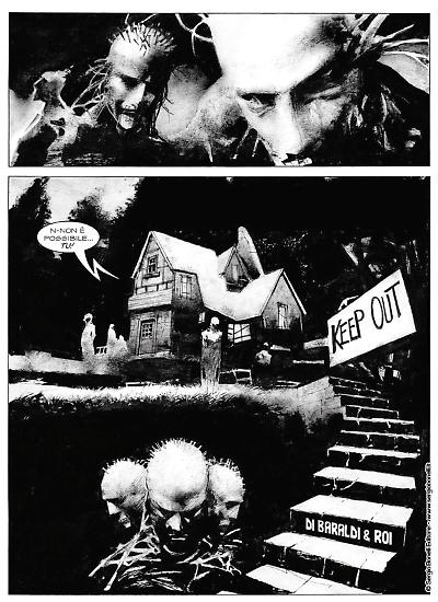 Una tavola di Corrado Roi da "Dylan Dog. Se la notte chiama". Testi di Barbara Baraldi.
