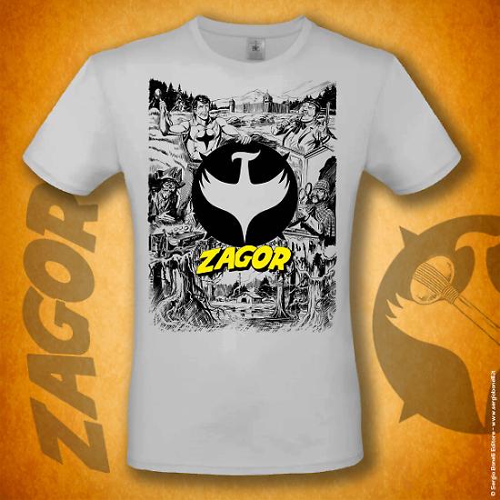 La t-shirt di Zagor con lo storico frontespizio firmato da Gallieno Ferri.